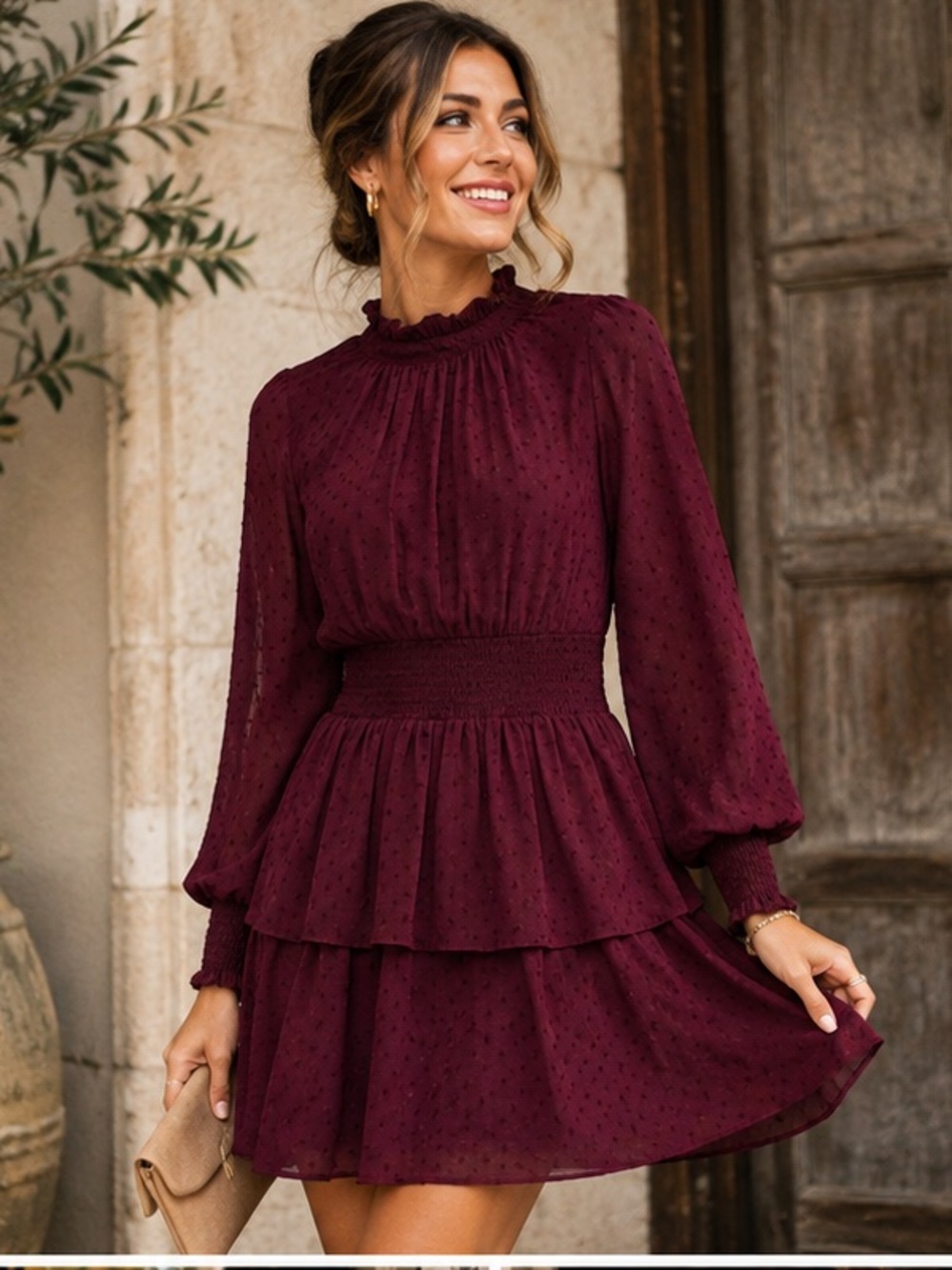 Mud Pie NWT Victoria Maroon Burgundy Long-Sleeve Smocked Tiered Dress M